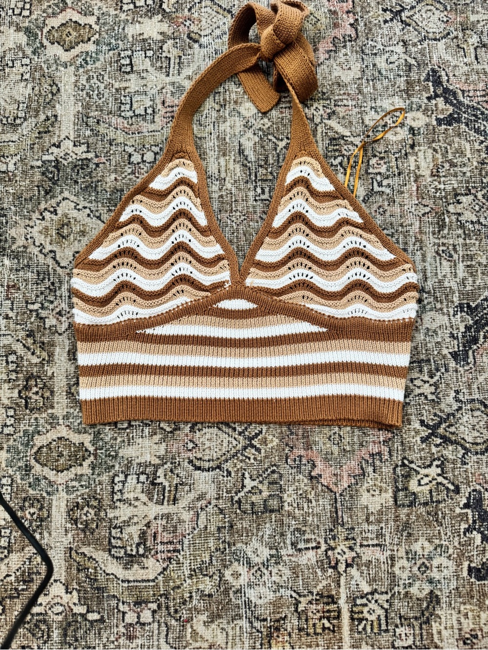 No Boundaries Tan and White Striped Knit Halter Top